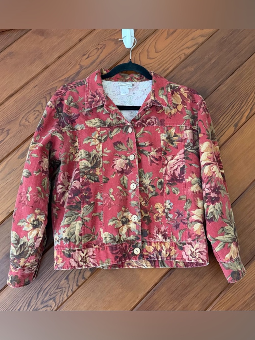 Coldwater Creek Floral Cotton Trucker Jacket Petite XS Terracotta Made in USA